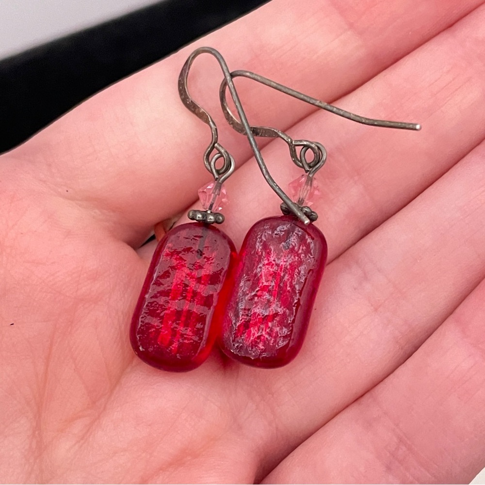 Red GLASS Summer Beach Hippie Festival Mermaid Fairy Geometric Stripped Earrings - Picture 4 of 8